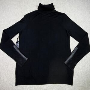 NWT Worth New York Women M Black 100% Wool Leather Trim Turtleneck Sweater Top